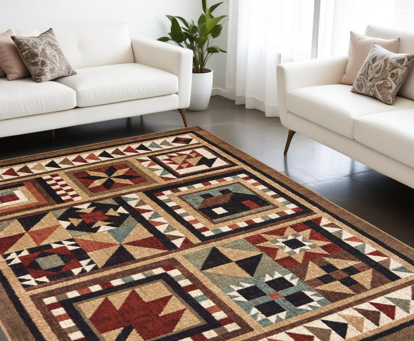 5' X 7' Brown And Red Ikat Patchwork Area Rug