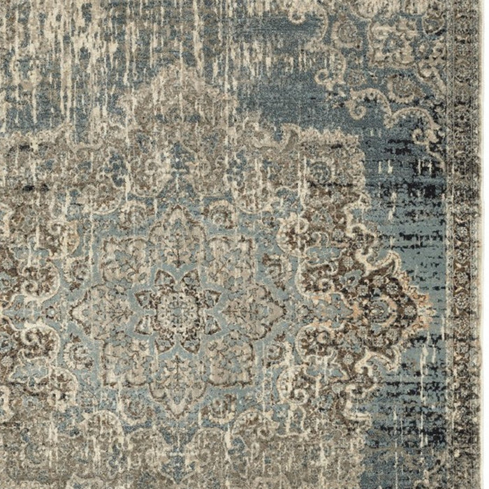 2' X 8' Blue And Ivory Medallion Runner Rug