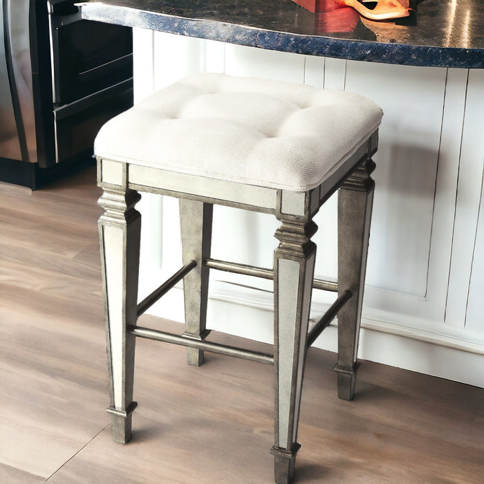 30" White and Silver Solid and Manufactured Wood Backless Counter Height Bar Chair