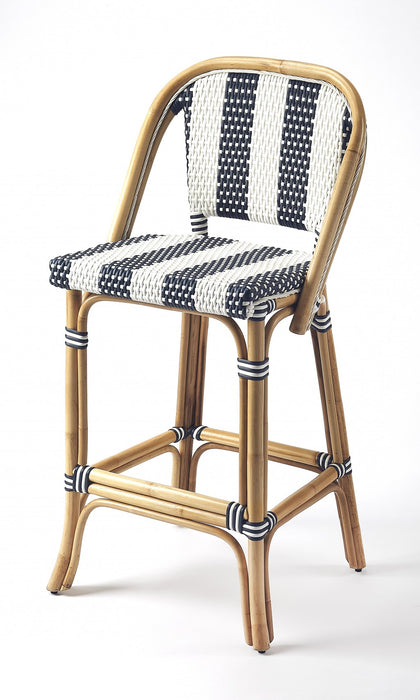 28" Blue and White and Natural Rattan Bar Chair