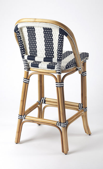 28" Blue and White and Natural Rattan Bar Chair