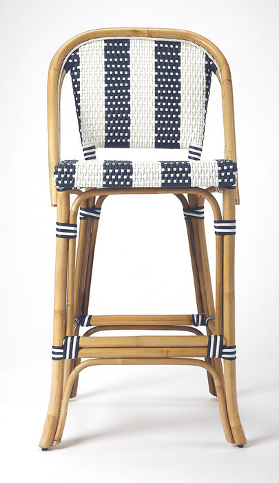 28" Blue and White and Natural Rattan Bar Chair