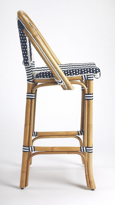 28" Blue and White and Natural Rattan Bar Chair