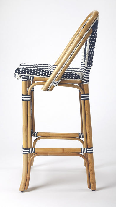 28" Blue and White and Natural Rattan Bar Chair