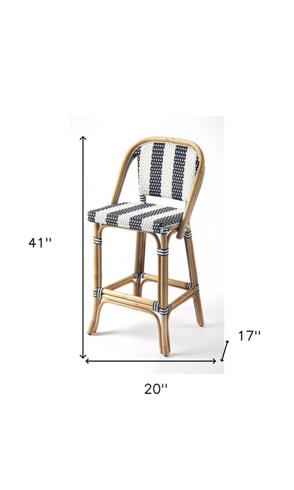 28" Blue and White and Natural Rattan Bar Chair