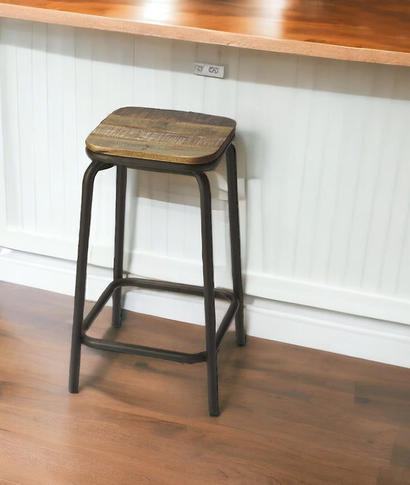 25" Brown and Black Solid Wood and Iron Backless Counter Height Bar Chair