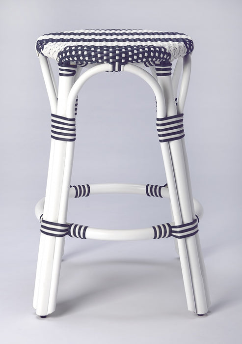 24" Blue and White Rattan Backless Counter Height Bar Chair