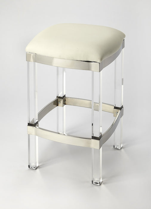 24" White and Clear Stainless Steel and Acrylic Backless Counter Height Bar Chair