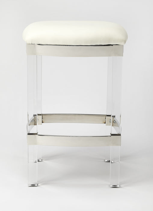 24" White and Clear Stainless Steel and Acrylic Backless Counter Height Bar Chair