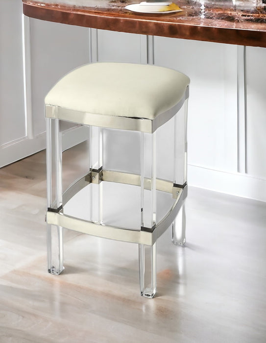 24" White and Clear Stainless Steel and Acrylic Backless Counter Height Bar Chair