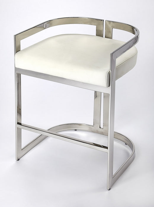 28" White and Silver Stainless Steel and Iron Low Back Counter Height Bar Chair