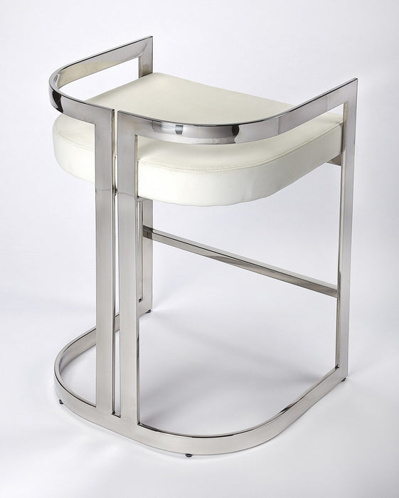 28" White and Silver Stainless Steel and Iron Low Back Counter Height Bar Chair