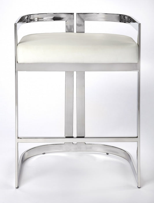 28" White and Silver Stainless Steel and Iron Low Back Counter Height Bar Chair