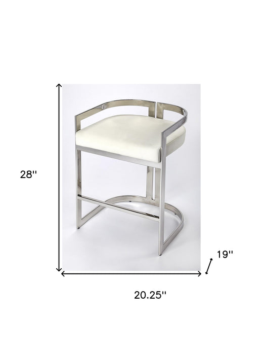 28" White and Silver Stainless Steel and Iron Low Back Counter Height Bar Chair