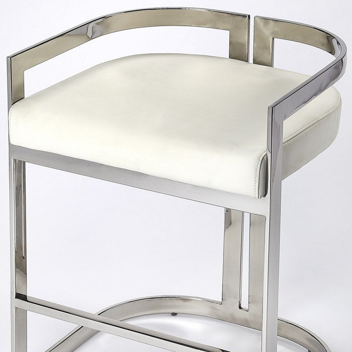 28" White and Silver Stainless Steel and Iron Low Back Counter Height Bar Chair