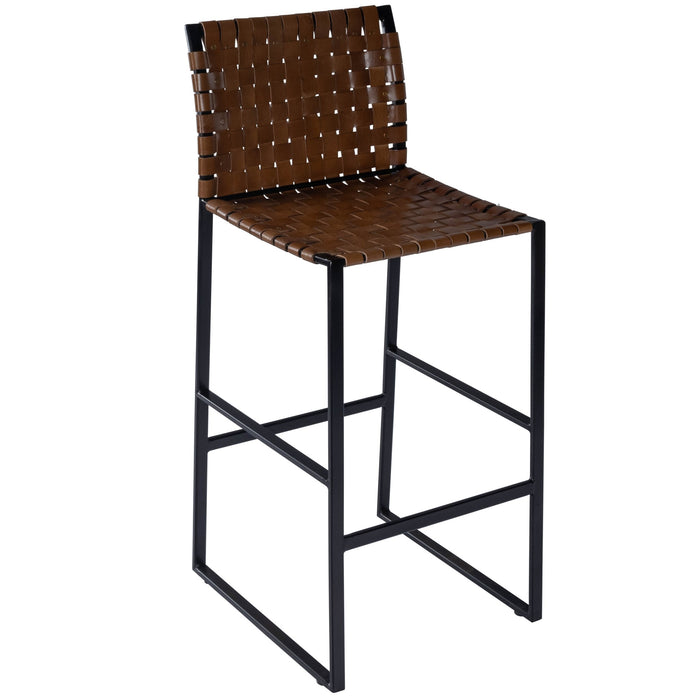 28" Brown and Black Leather and Iron Bar Chair