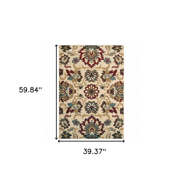 3' X 5' Ivory And Red Floral Vines Area Rug