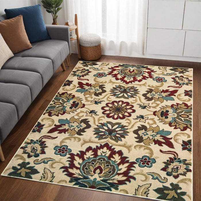 3' X 5' Ivory And Red Floral Vines Area Rug