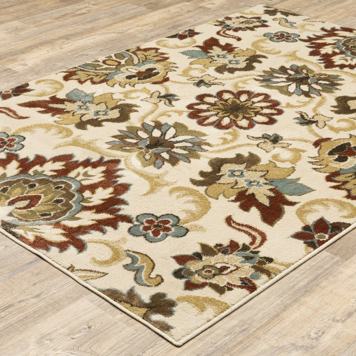 3' X 5' Ivory And Red Floral Vines Area Rug