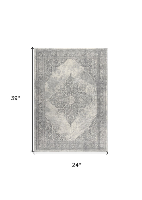 2' X 6' Gray Distressed Medallion Area Rug