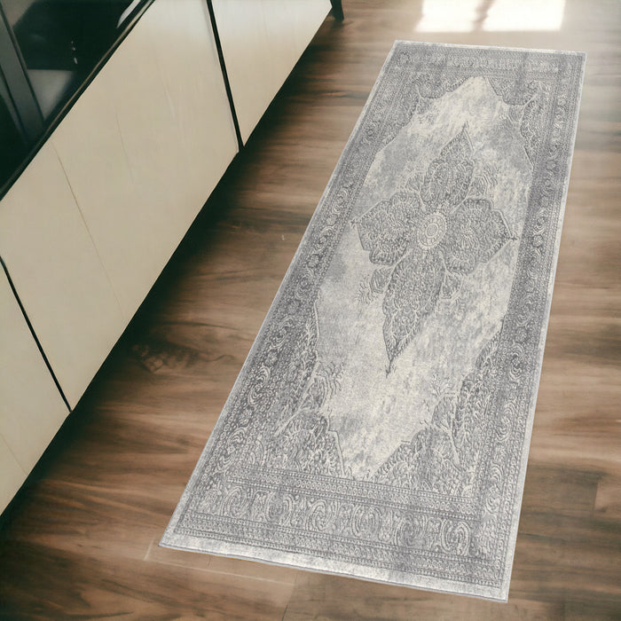 2' X 6' Gray Distressed Medallion Area Rug