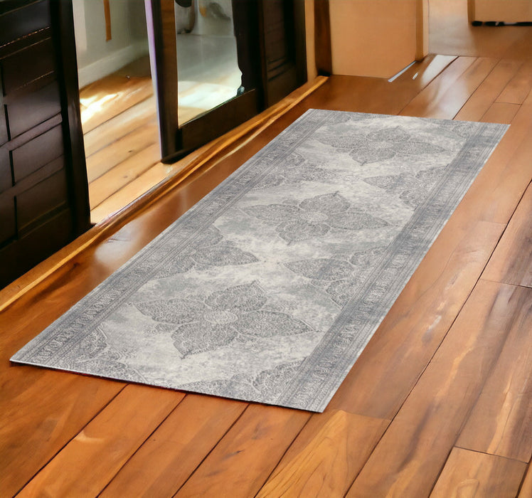 2' X 6' Gray Distressed Medallion Area Rug