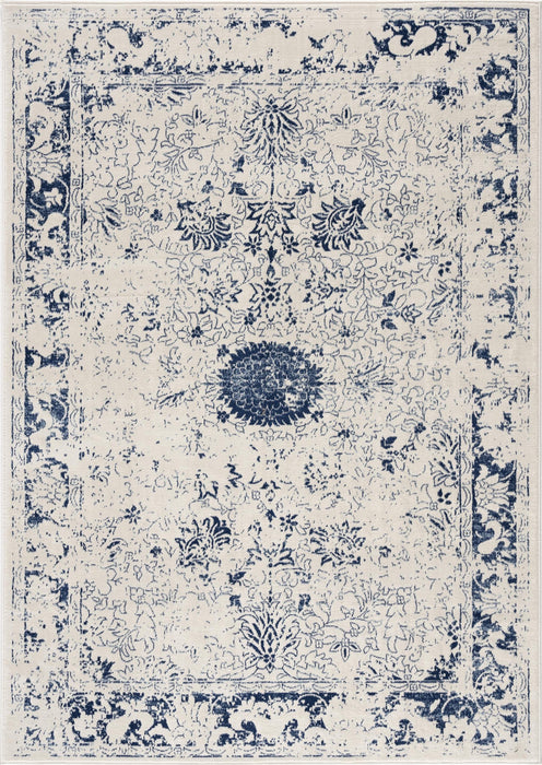 2' X 5' Navy Blue Distressed Floral Area Rug