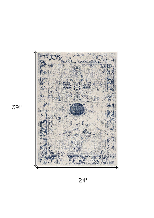 2' X 5' Navy Blue Distressed Floral Area Rug