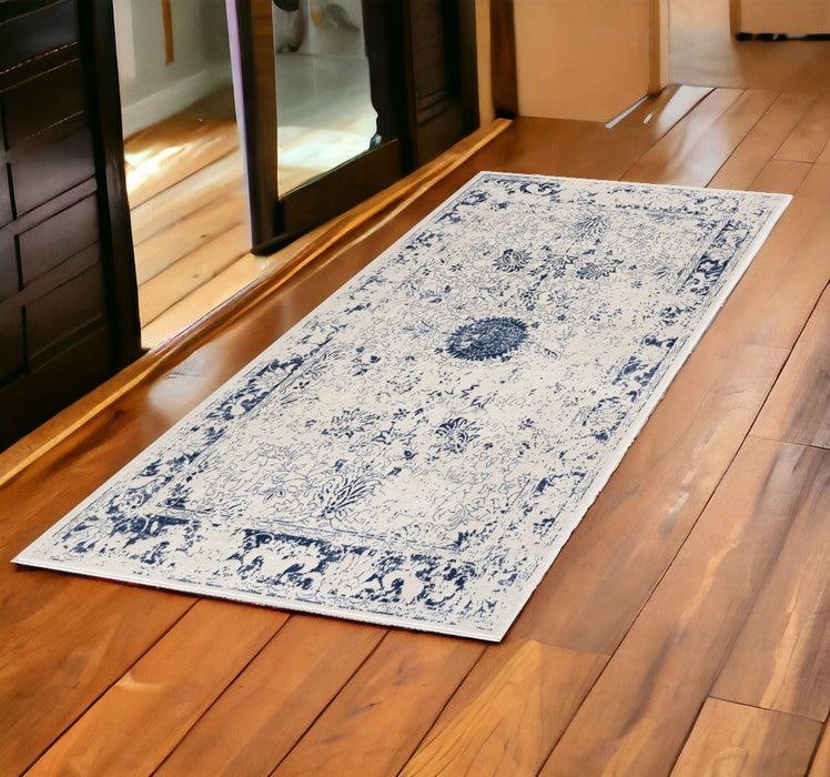 2' X 5' Navy Blue Distressed Floral Area Rug