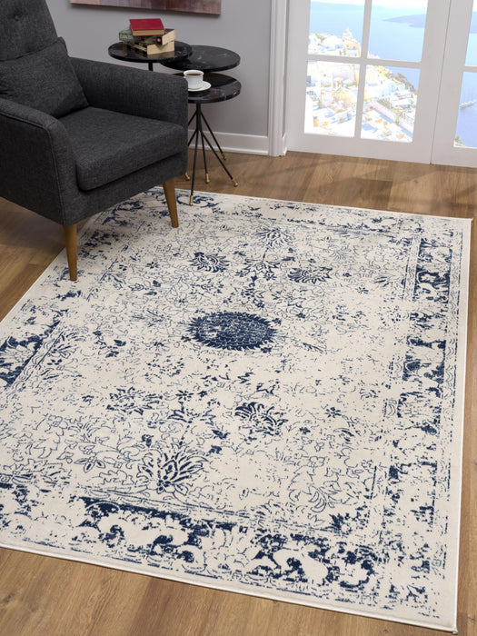 2' X 5' Navy Blue Distressed Floral Area Rug