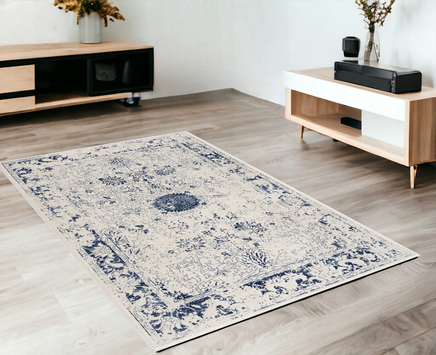 2' X 5' Navy Blue Distressed Floral Area Rug