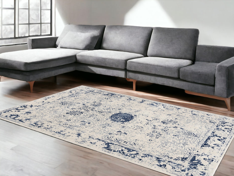 2' X 5' Navy Blue Distressed Floral Area Rug