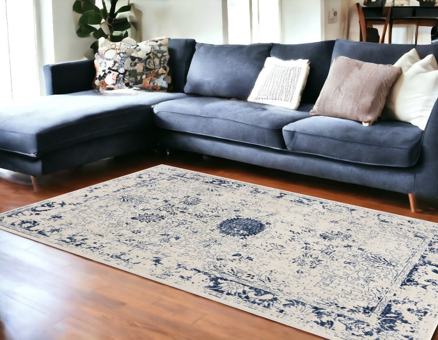 2' X 5' Navy Blue Distressed Floral Area Rug