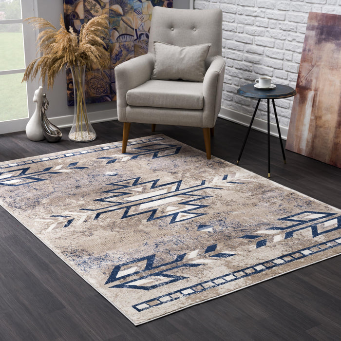 4' X 6' Beige And Blue Boho Chic Area Rug