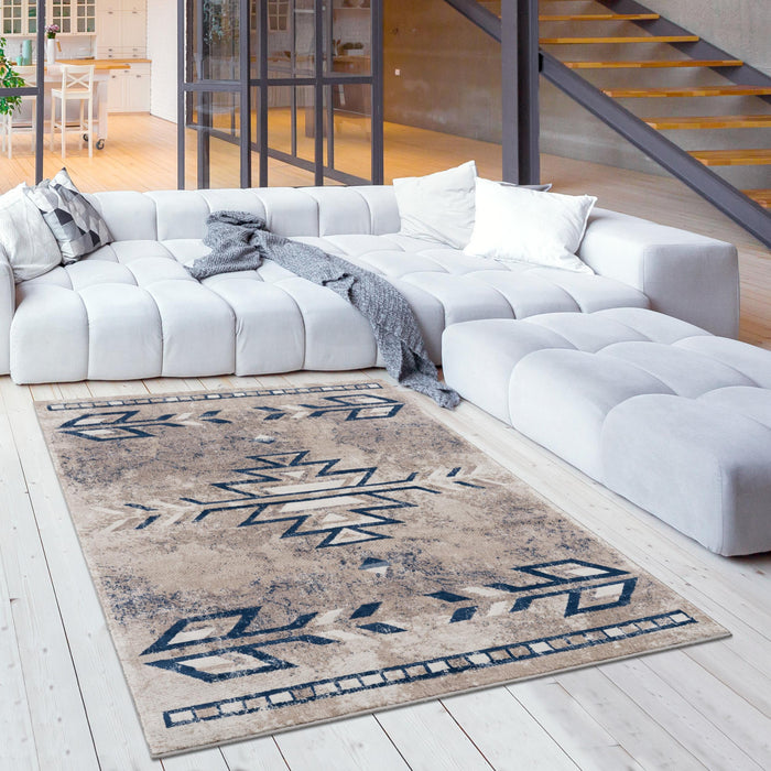 4' X 6' Beige And Blue Boho Chic Area Rug