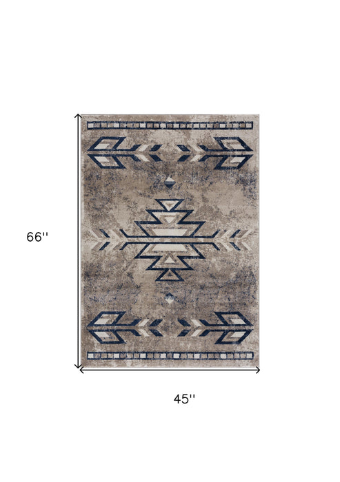 4' X 6' Beige And Blue Boho Chic Area Rug