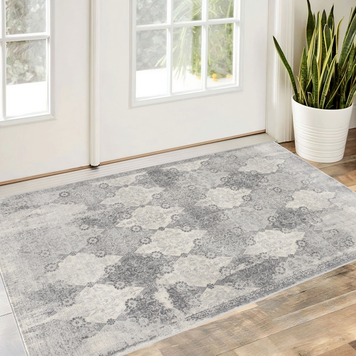 5' X 8' Gray Distressed Trellis Pattern Area Rug