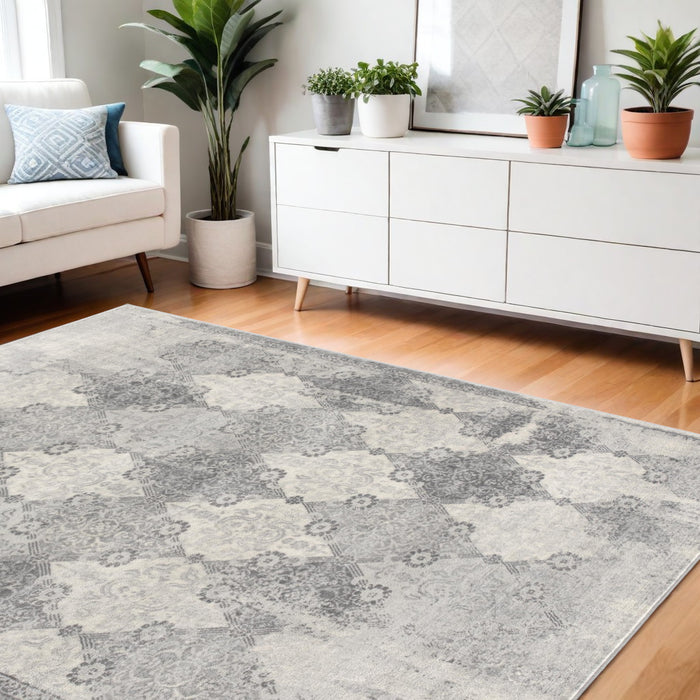 5' X 8' Gray Distressed Trellis Pattern Area Rug