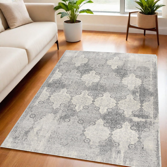 5' X 8' Gray Distressed Trellis Pattern Area Rug