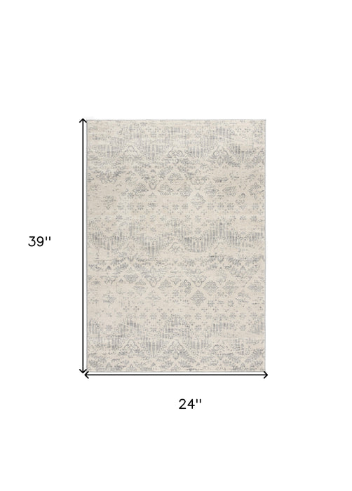 2' X 3' Ivory Distressed Ikat Pattern Scatter Rug