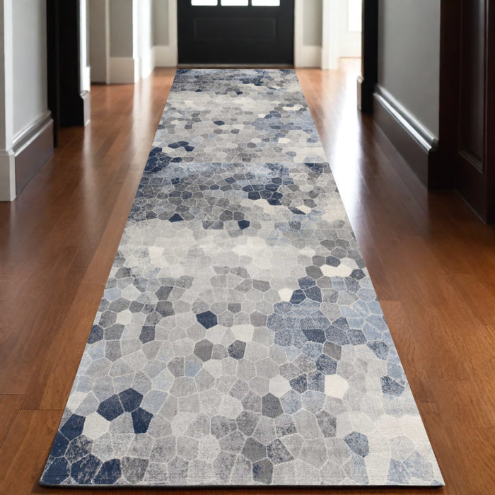 10' Blue and Ivory Geometric Cobblestone Runner Rug