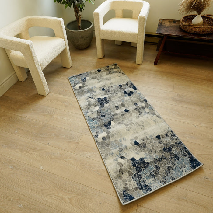 10' Blue and Ivory Geometric Cobblestone Runner Rug