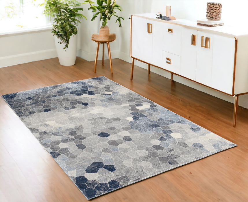 10' Blue and Ivory Geometric Cobblestone Runner Rug