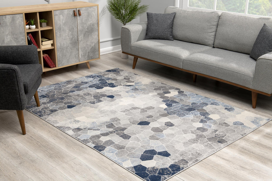 10' Blue and Ivory Geometric Cobblestone Runner Rug