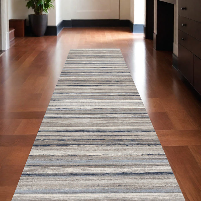 10' Blue and Beige Striped Distressed Runner Rug