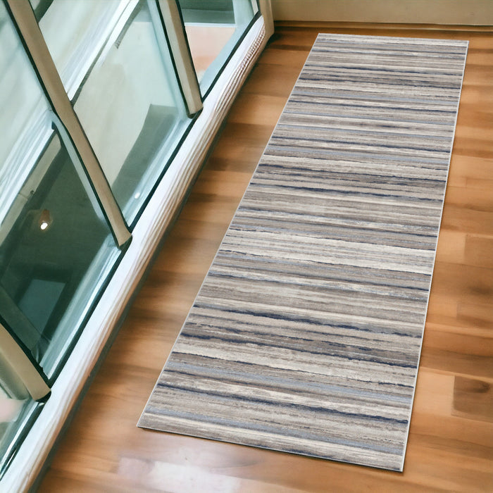 10' Blue and Beige Striped Distressed Runner Rug