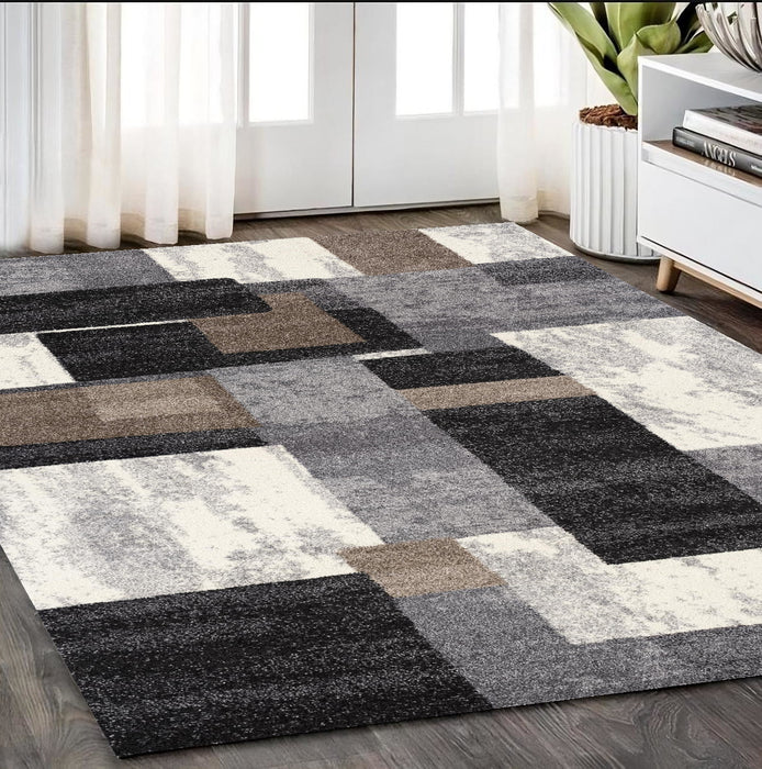 8' X 11' Gray Black and Brown Geometric Shag Power Loom Area Rug