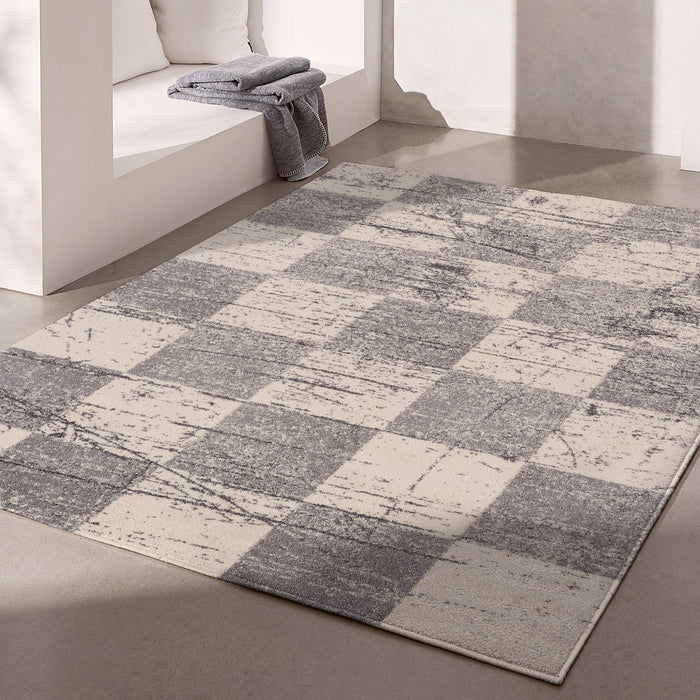 8' X 11' White And Gray Checkered Area Rug