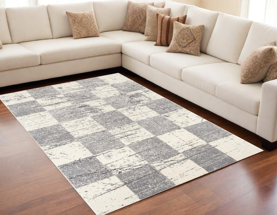 8' X 11' White And Gray Checkered Area Rug