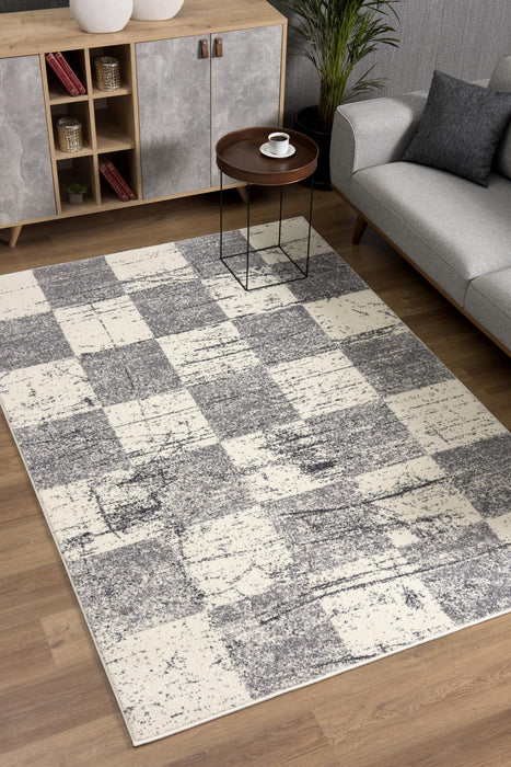 8' X 11' White And Gray Checkered Area Rug